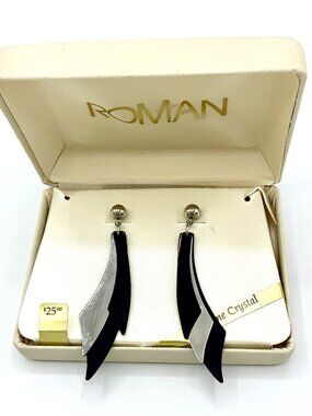 Vintage ROMAN 80s Geometric Drop Earrings - Genuine Crystal NOS In Original Box